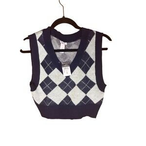 Rue21 Argyle Sweater Vest Womens Medium Navy Light Blue Cropped V-Neck Knit Top
